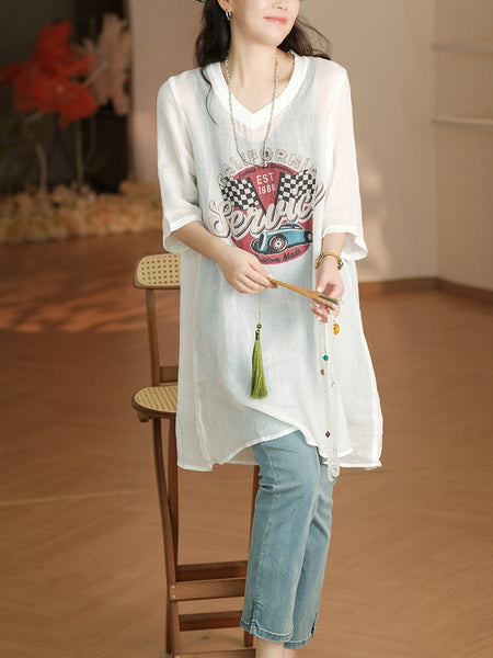 Women Summer Casual Print V-Neck Ramie Long Shirt LL022 LPP