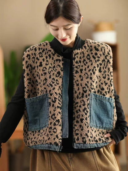 Women Autumn Retro Leopard O-Neck Dual-side Wearing Vest QN008 BUYKUD