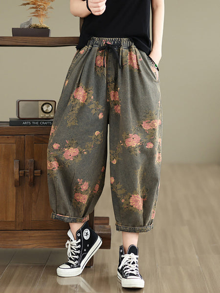 Women Summer Retro Flower  Denim Loose Pants II1003 BUYKUD