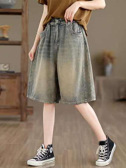 Women Summer Worn Denim Wide-leg Fifth Pants CC037 BUYKUD