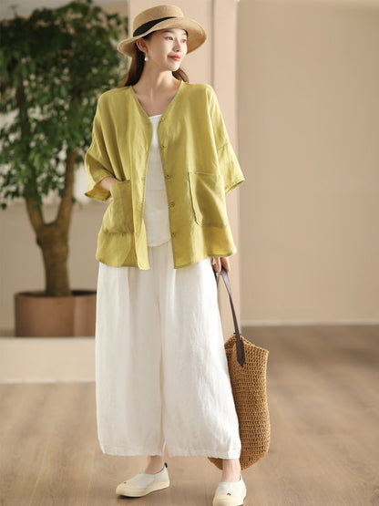 Women Summer Vintage Solid Linen Wide-leg Pants FD038 ZMMM