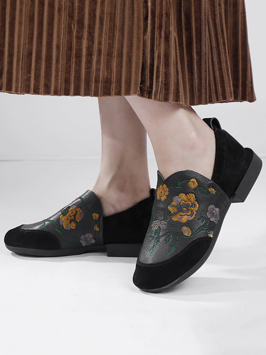 Women Ethnic Autumn Embroidery Leather Low Heel Shoes AI1020 QSLMY