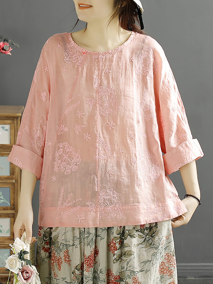 Women Vintage Embroidery Solid Ramie Shirt AA1012 Ada Fashion