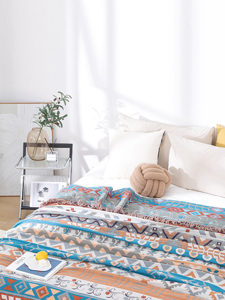 Cotton Summer Nap Ethnic Jacquard Tassel Spliced Blanket AS1033 Ada Fashion