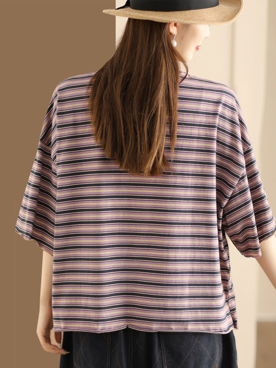 Women Casual Summer Stripe Spliced Loose Shirt CO1047 Ada Fashion