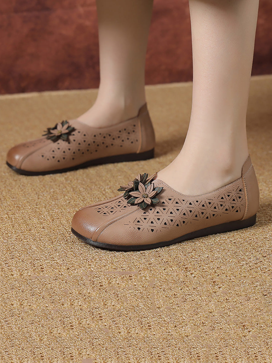 Women Vintage Leather Flower Cutout Flat Shoes PA1026 Ada Fashion