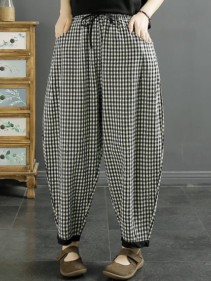 Women Vintage Plaid Summer Cotton Harem Pants QW1044 Ada Fashion