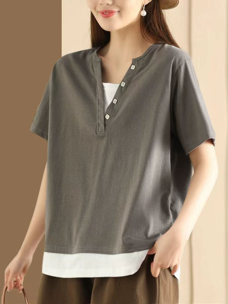 Women Casual Colorblock Pullover V-Neck Cotton Shirt AS1001 Ada Fashion