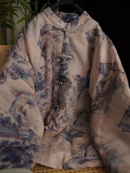 Women Autumn Vintage Print Button Stand Collar Ramie Coat AT1053 BUYKUD