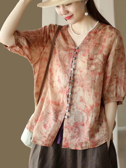 Women Vintage Floral Summer Button-Up Ramie Shirt XX1042 Ada Fashion