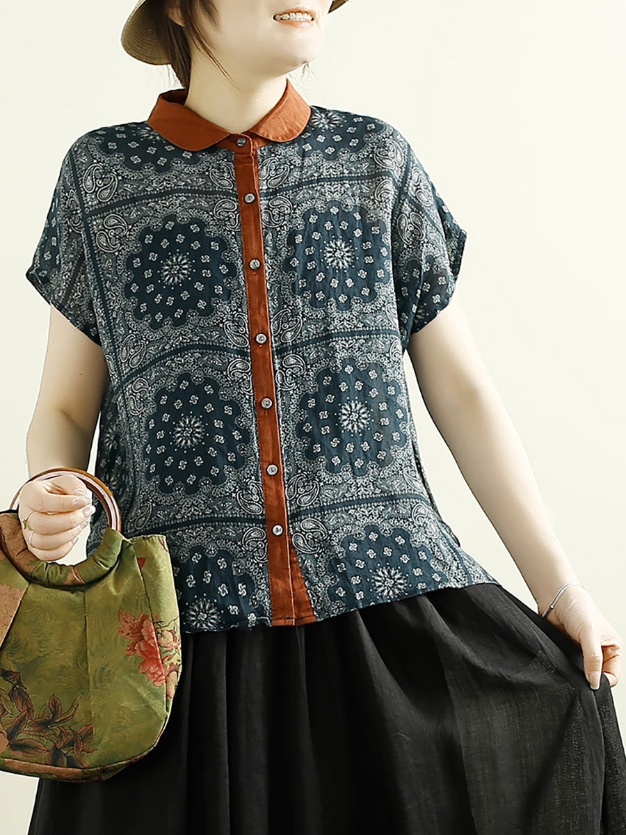 Women Summer Vintage Flower Button-up Ramie Shirt CV1054 Ada Fashion