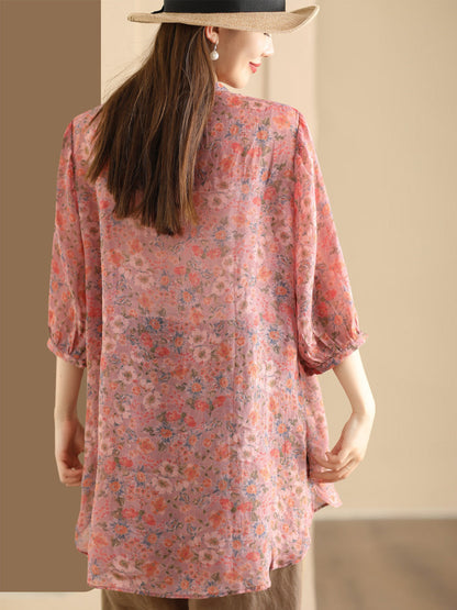 Women Summer Artsy Floral Spliced Ramie Long Shirt TY1024 Ada Fashion