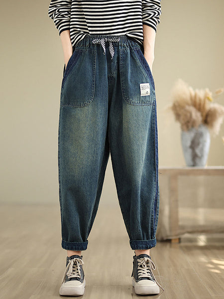 Women Casual Pockets Washed Denim Harem Pants AT1003 ZMFS