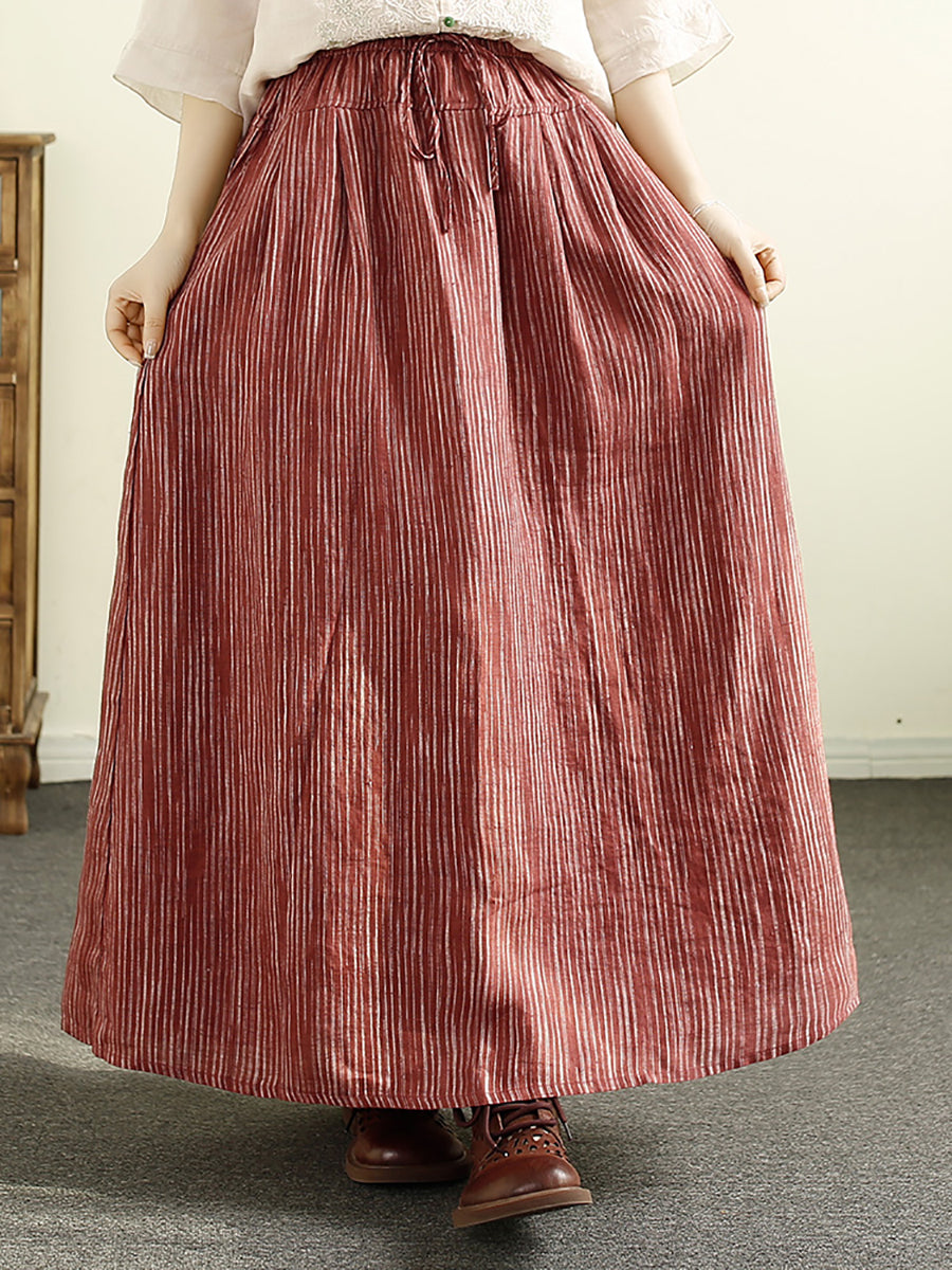 Women Summer Stripe Loose Cotton Drawstring Skirt OP1052 BUYKUD