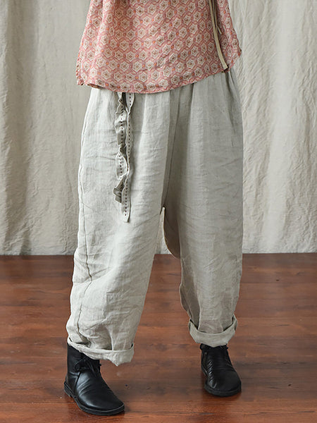Women Casual Solid Drawstring Loose Linen Turnip Pants CX045 QYMM