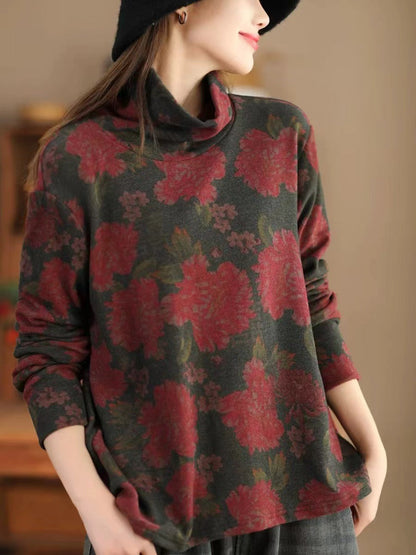 Women Vintage Autumn Flower Turtleneck Sweatshirt AK1023 Genistyle Shop