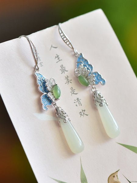 Butterfly Ethnic Enamel Earrings Women Jade S925Silver FashionChic