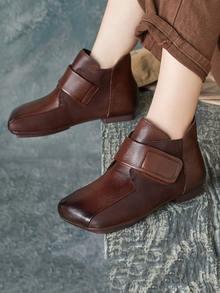 Women Artsy Leather Spliced Square Collar Ankle Boots BA1033 Genistyle Shop