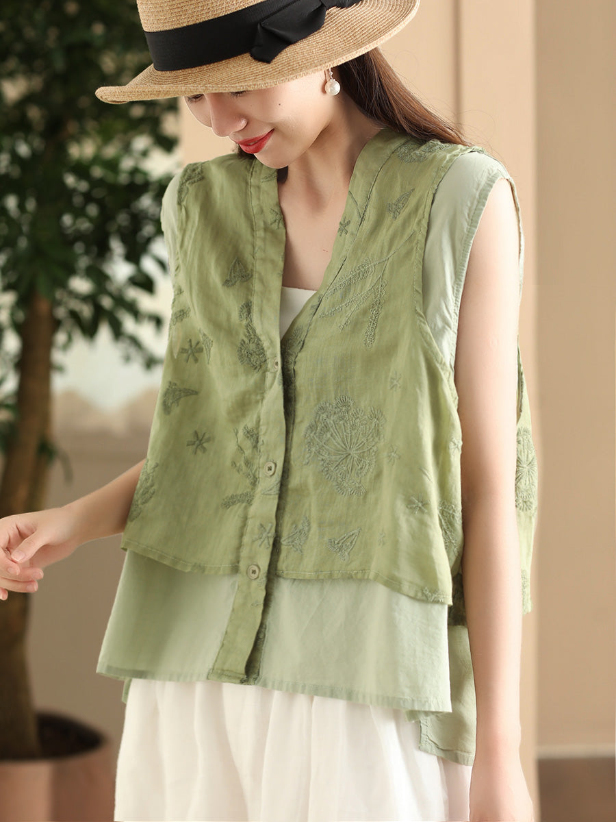 Women Summer Ethnic Embroidery Button-up Spliced Ramie Vest FD001 ZMMM