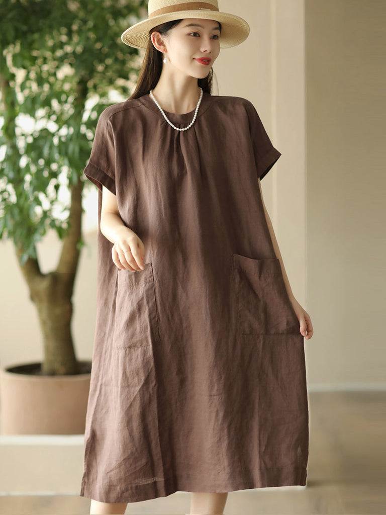 Women Summer Casual Solid Pocket O-Neck Linen Dress FD051 ZMMM