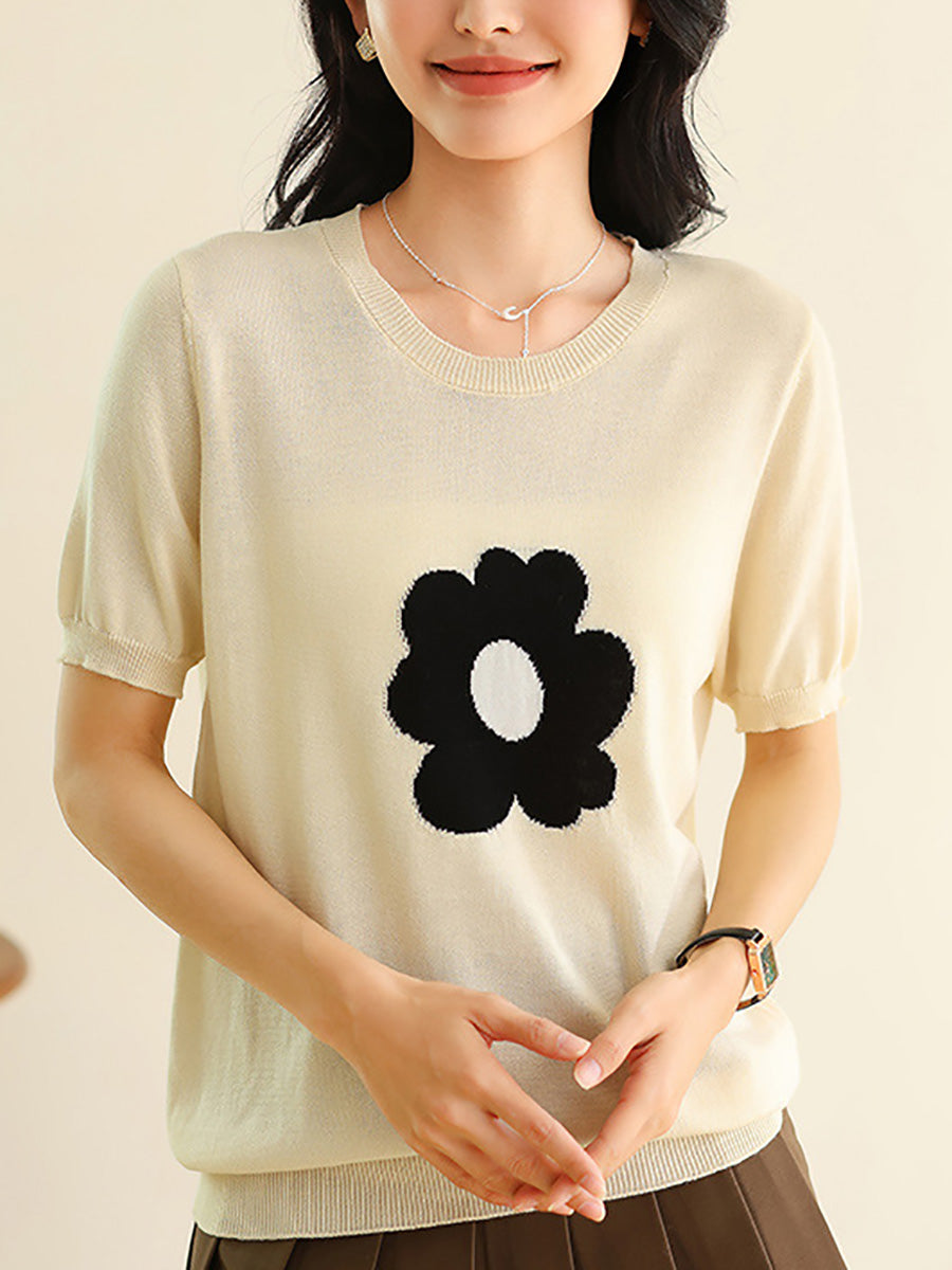 Women Summer Casual Flower Knitted Shirt KL1038 Ada Fashion