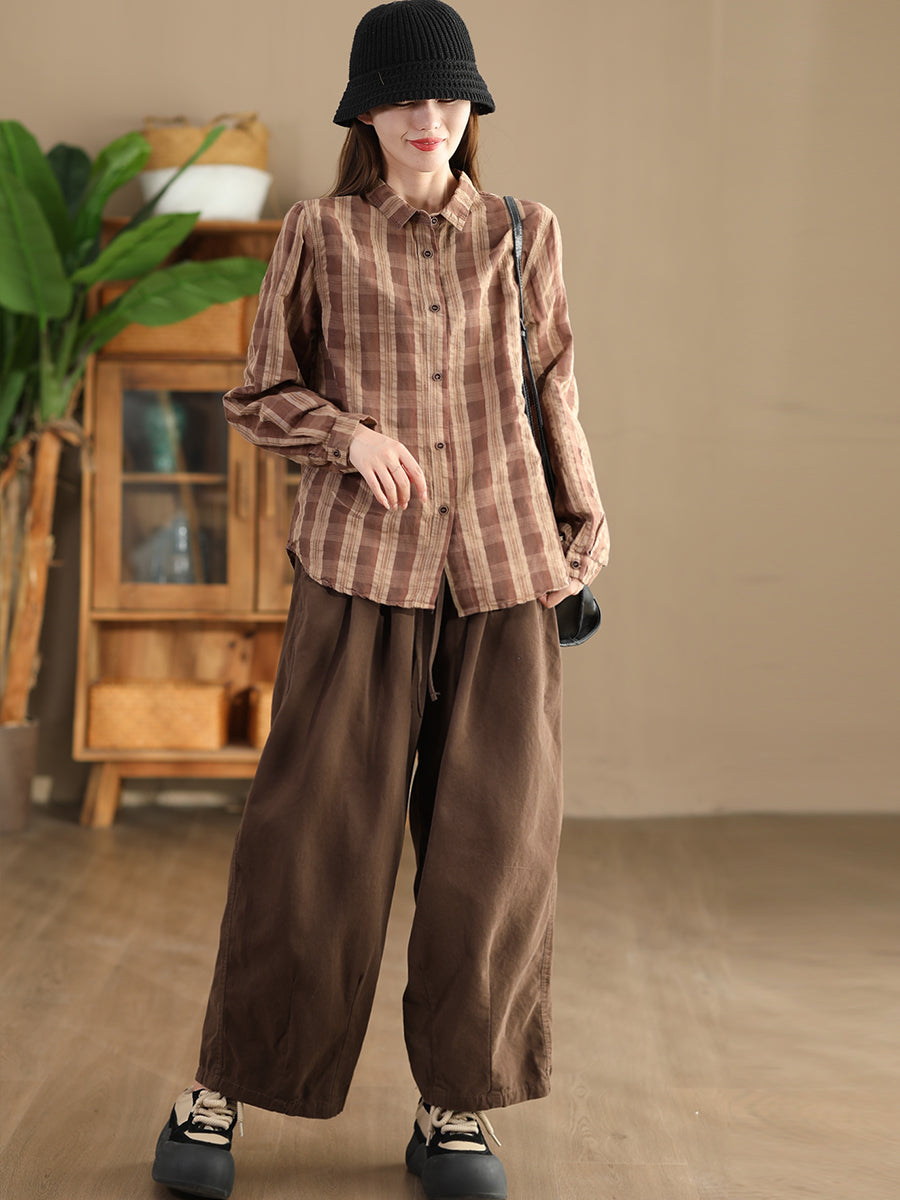 Women Autumn Vintage Plaid Button-up Linen Blouse AT1038 ZMMM
