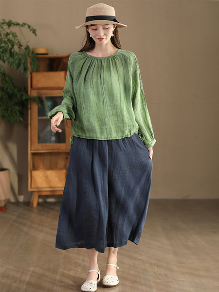 Women Summer Artsy Strap Hem O-Neck Ramie Blouse AS1026 BUYKUD