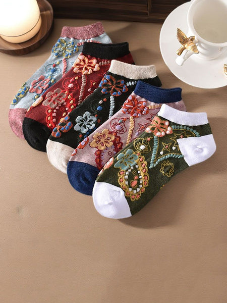 5 Pairs Women Summer Flower Jacquard Short Socks KL1039 Ada Fashion