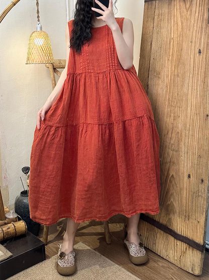 Women Summer Vintage Solid Shirred Linen Vest Dress CV1040 Ada Fashion