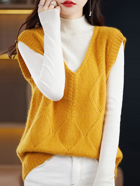 Women Casual Wool V-Neck Twist Knit Vest BA1045 Genistyle Shop