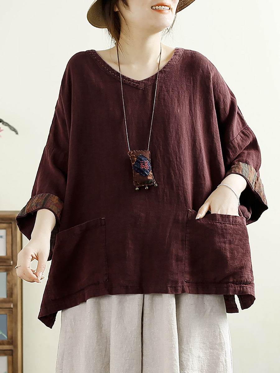 Plus Size Women Vintage Solid V-Neck 100%Linen Blouse AK1006 Genistyle Shop