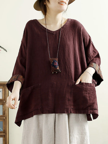 Plus Size Women Vintage Solid V-Neck 100%Linen Blouse AK1006 Genistyle Shop