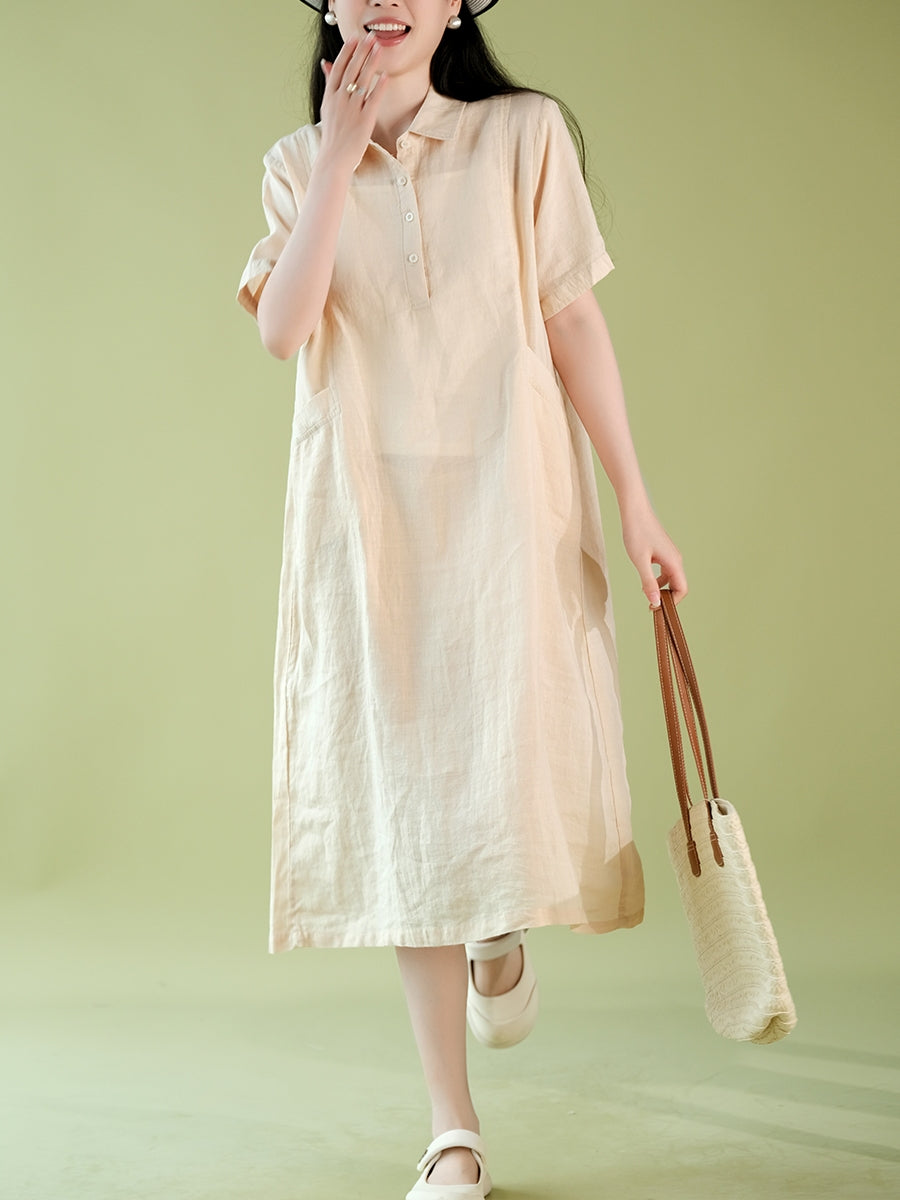 Women Summer Casual Solid Polo Collar 100%Ramie Dress CX056 ZMMM