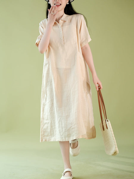 Women Summer Casual Solid Polo Collar 100%Ramie Dress CX056 ZMMM