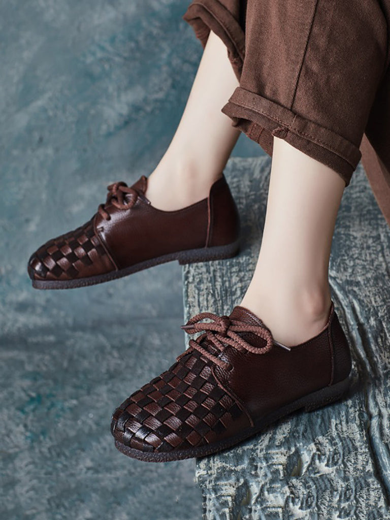 Women Autumn Vintage Soft Leather Waeve Flat Shoes AT1029 RXMY