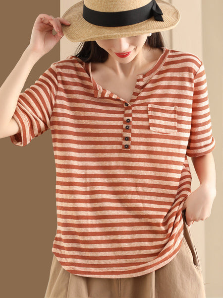 Women Sumer Casual Stripe V-Neck Button Shirt II1019 BUYKUD