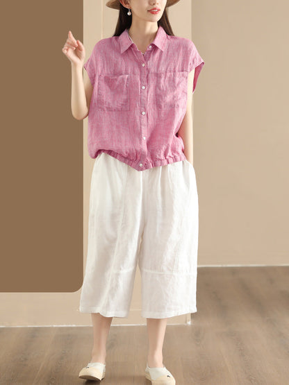 Women Summer Casual Plaid Button-up Linen Shirt HH013 BUYKUD