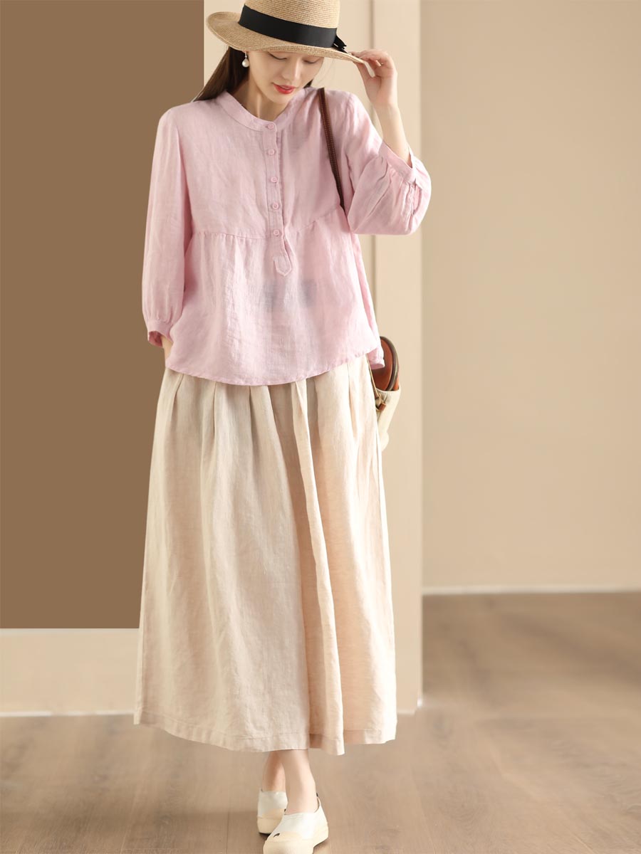 Women Retro Solid Spring Pullover Linen Shirt KL1030 Ada Fashion