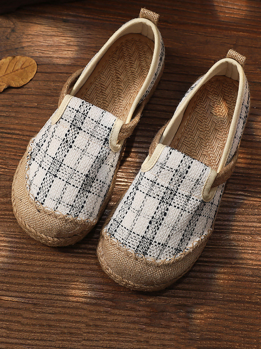 Women Artsy Summer Plaid Linen Spliced Flat Shoes RR007 BUYKUD