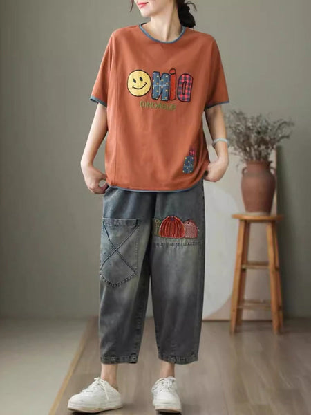 Women Summer Casual Embroidery Denim Harem Pants CV1047 Ada Fashion