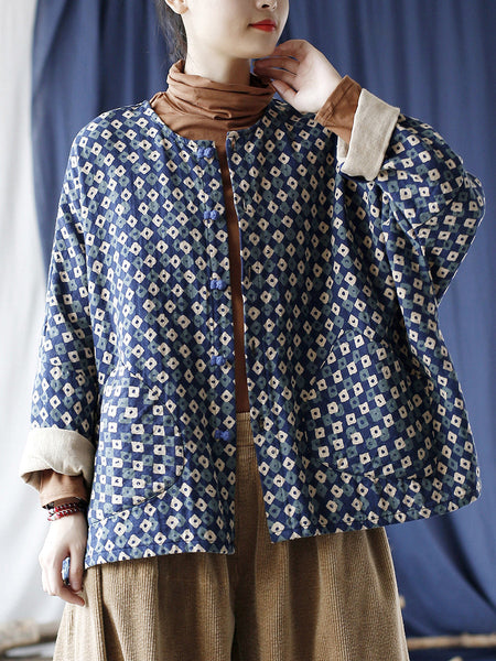 Women Artsy Retro Plaid Spliced Batwing Sleeve Coat AT1077 XIM