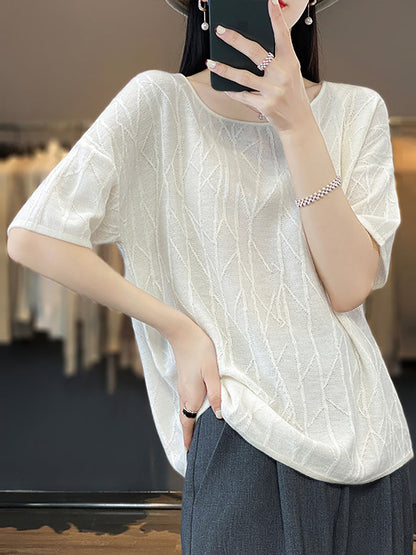 Women Summer Solid Jacquard Loose Half-Sleeve Shirt WE1033 Ada Fashion