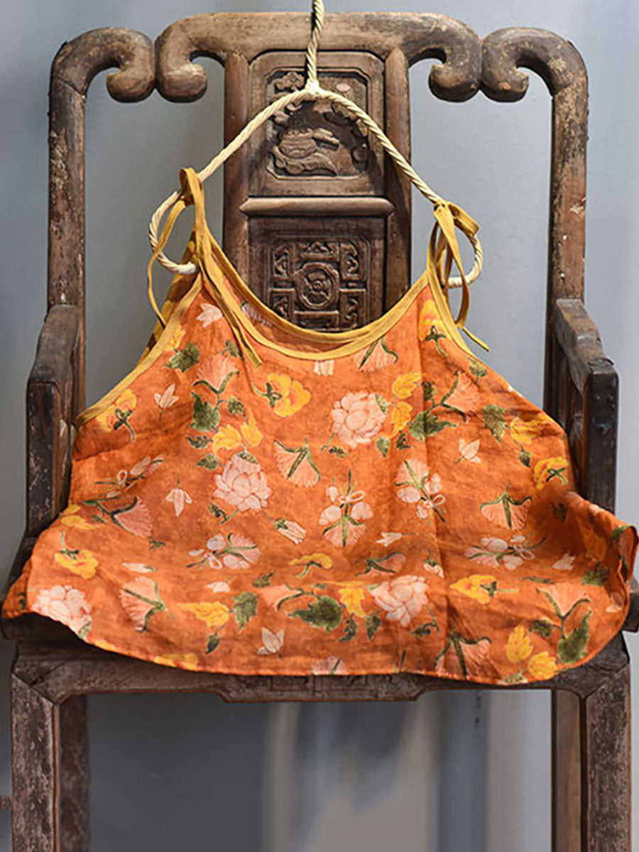 Women Prairie Chic Floral Drawstring Ramie Vest HH001 QYMM