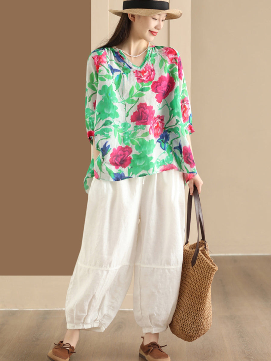 Women Summer Flower V-Neck Ramie Loose Shirt OO1035 ZMMM