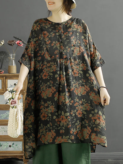 Women Summer Floral Vintage Ramie Long Shirt KL1052 Ada Fashion