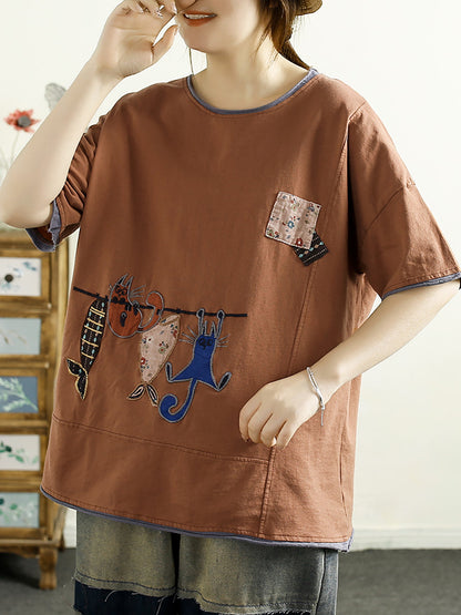 Women Summer Casual Cat Fish Spliced Cotton Shirt CV1038 Ada Fashion