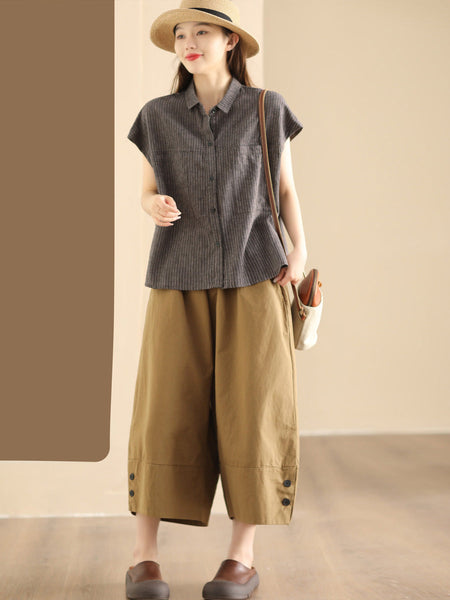 Women Artsy Summer Stripe Linen Button-up Shirt SC1046 Ada Fashion