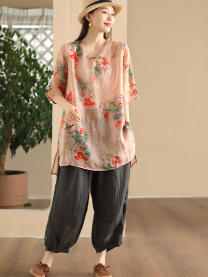 Women Summer Vintage Flower Buckle Ramie Long Shirt LL039 BUYKUD