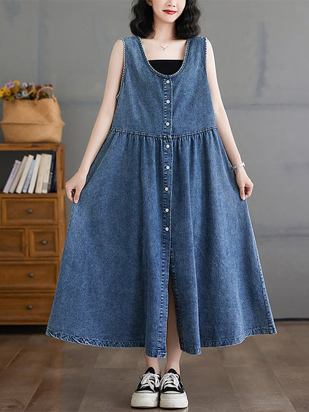 Women Casual Summer Denim A-Shape Loose Vest Dress FD054 BUYKUD