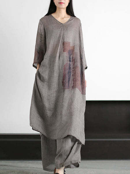 Plus Size Women Vintage Print 100%Ramie Long Shirt+Pants ZZ1056 Ada Fashion